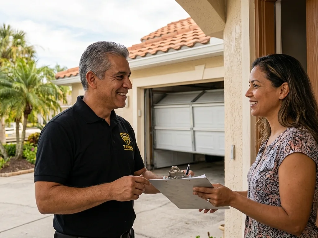 Technician discussing a garage door fault with a Tampa homeowner at the door