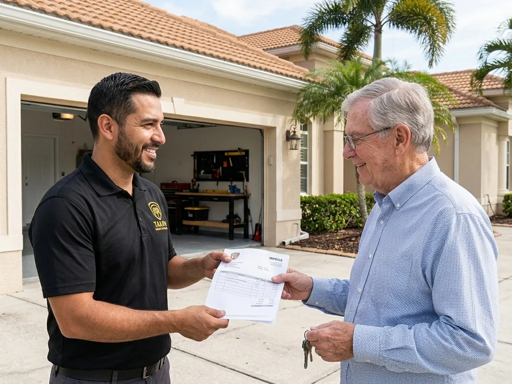 Technician handing a completed garage door service invoice to a homeowner