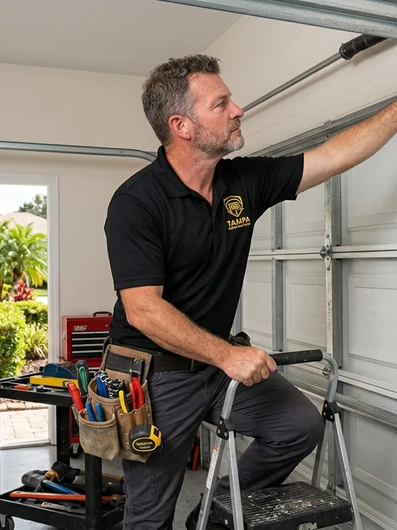 Technician adjusting a garage door track from a step ladder