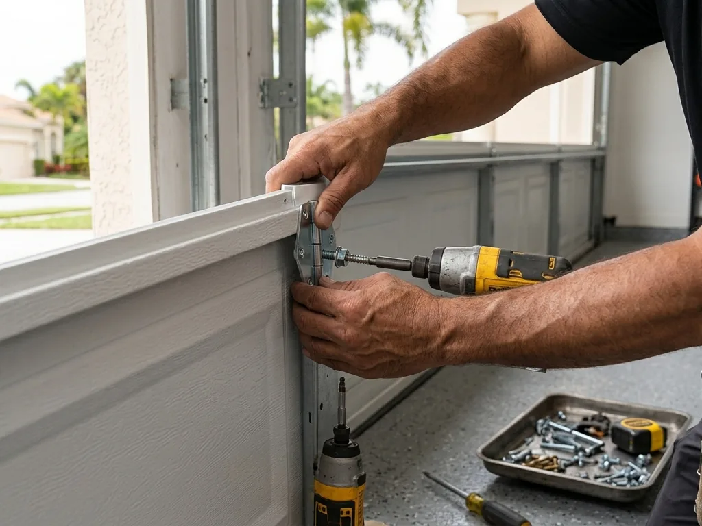 Technician fitting new garage door hardware with an impact driver