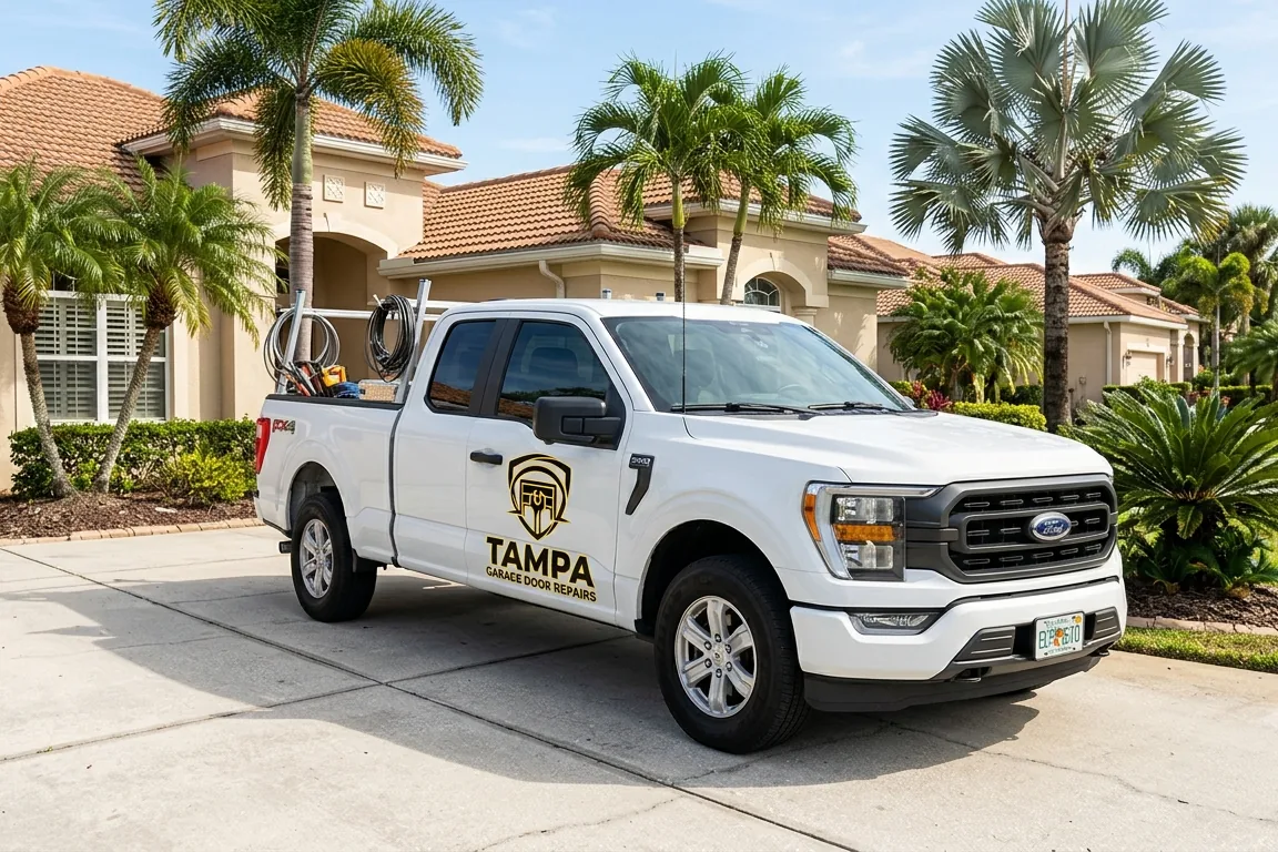 Tampa Garage Door Repairs service truck parked at a customer driveway